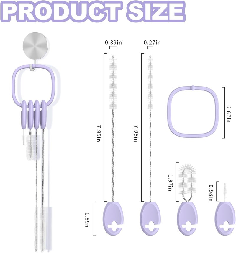 YOTIME Standing Straw Cleaner Brush Set, 4in1 Reusable Straw Brushes with Holder Ring, for Wide and Narrow Straws, Tumblers, Water Bottles and Cups, Purple - Image 2